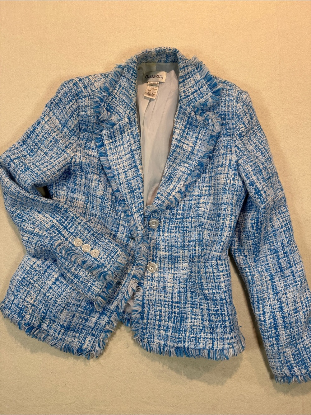 Chadwicks Light Blue and White Tweed Fringe-Trim Blazer Sz 8 GUC UU